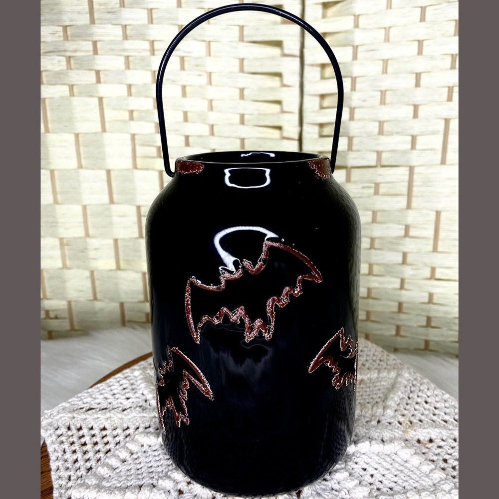 🎃 Ceramic Black Bat Lantern Luminary By Ashland 6.75" Tall